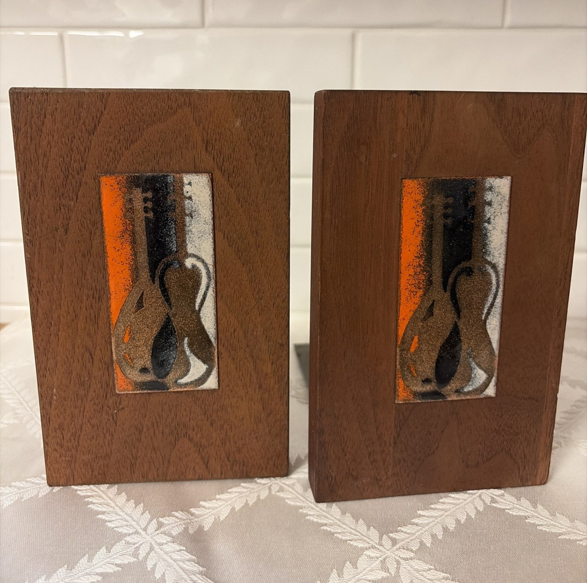 Vintage ROBERT WUERSCH Wooden Enamel instruments on Copper Bookends Mid Century Vintage ROBERT WUERSCH Wooden Enamel instruments on Copper Bookends Mid Century