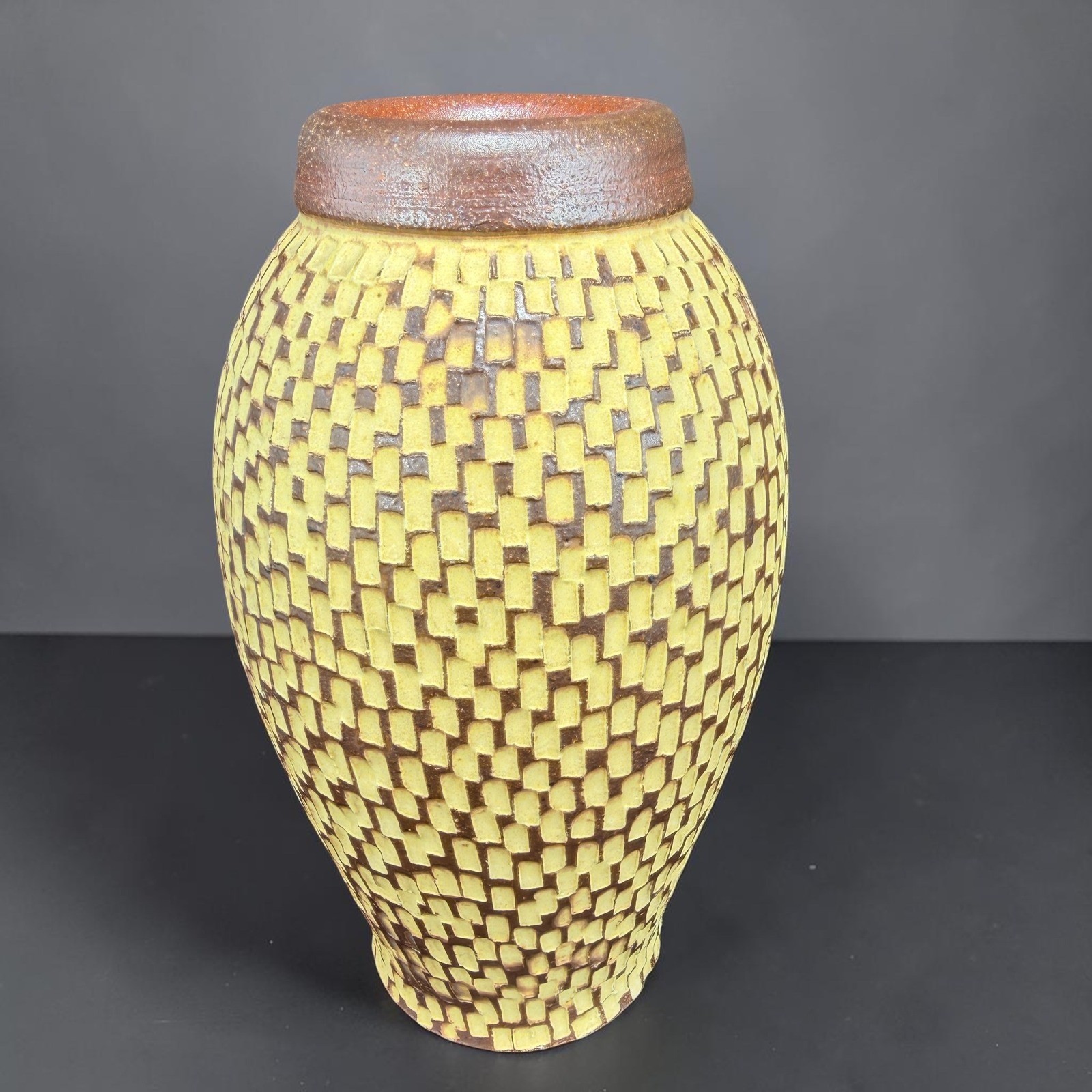 Margie Signed Studio Pottery Vase Textured Yellow Brown Basketweave 8 Inch