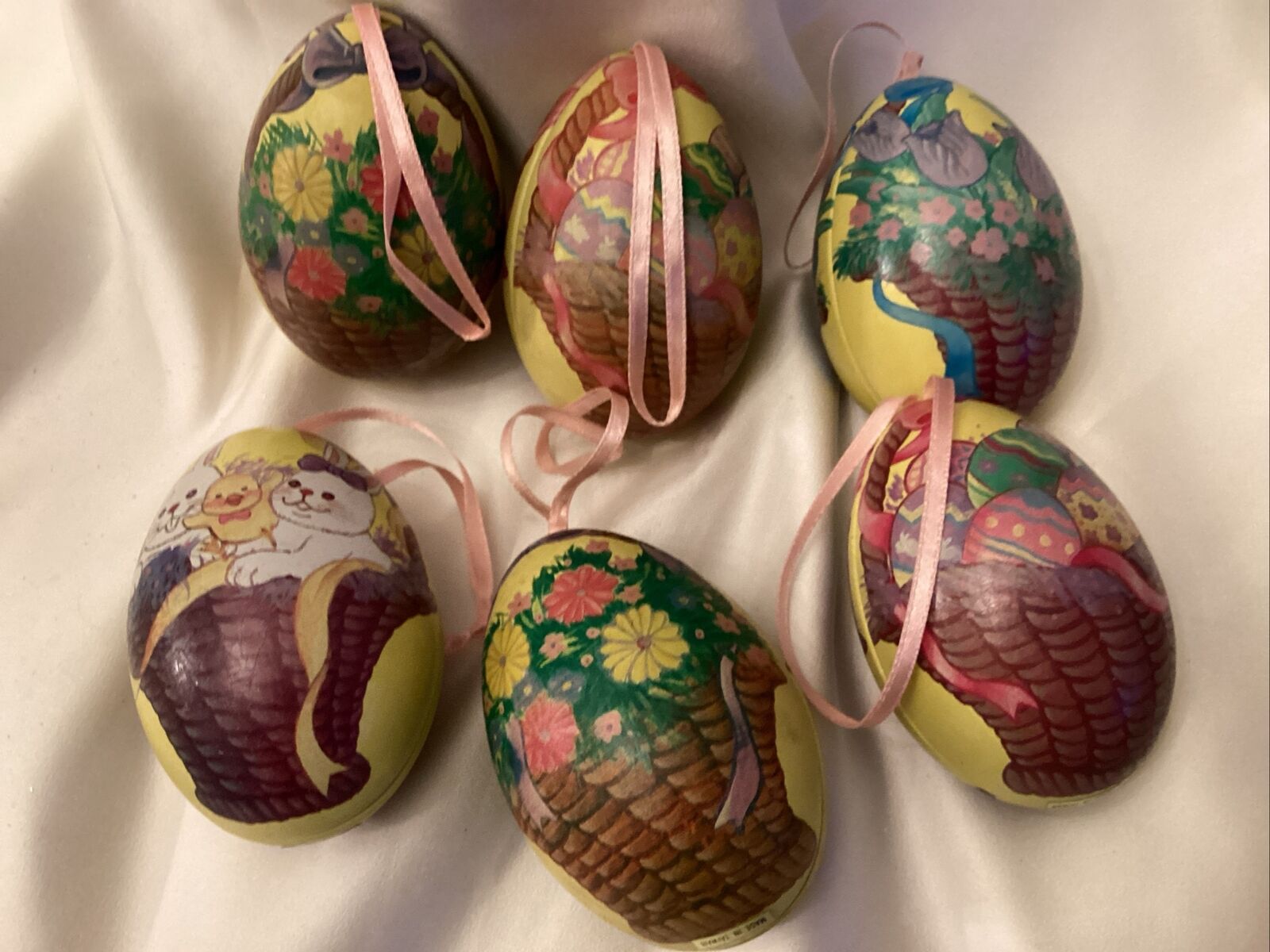 Decoupage metal and plastic  Easter Egg Candy Containers  lot of 6 rare