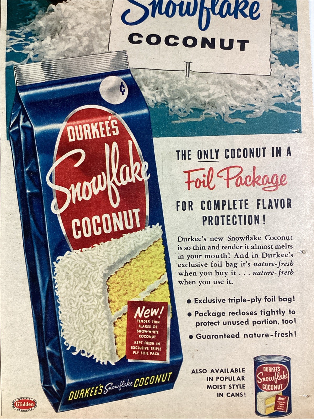 Durkee’s Snowflake Coconut Print Ad 1956 Atlanta AJC Elmhurst Queens NYC