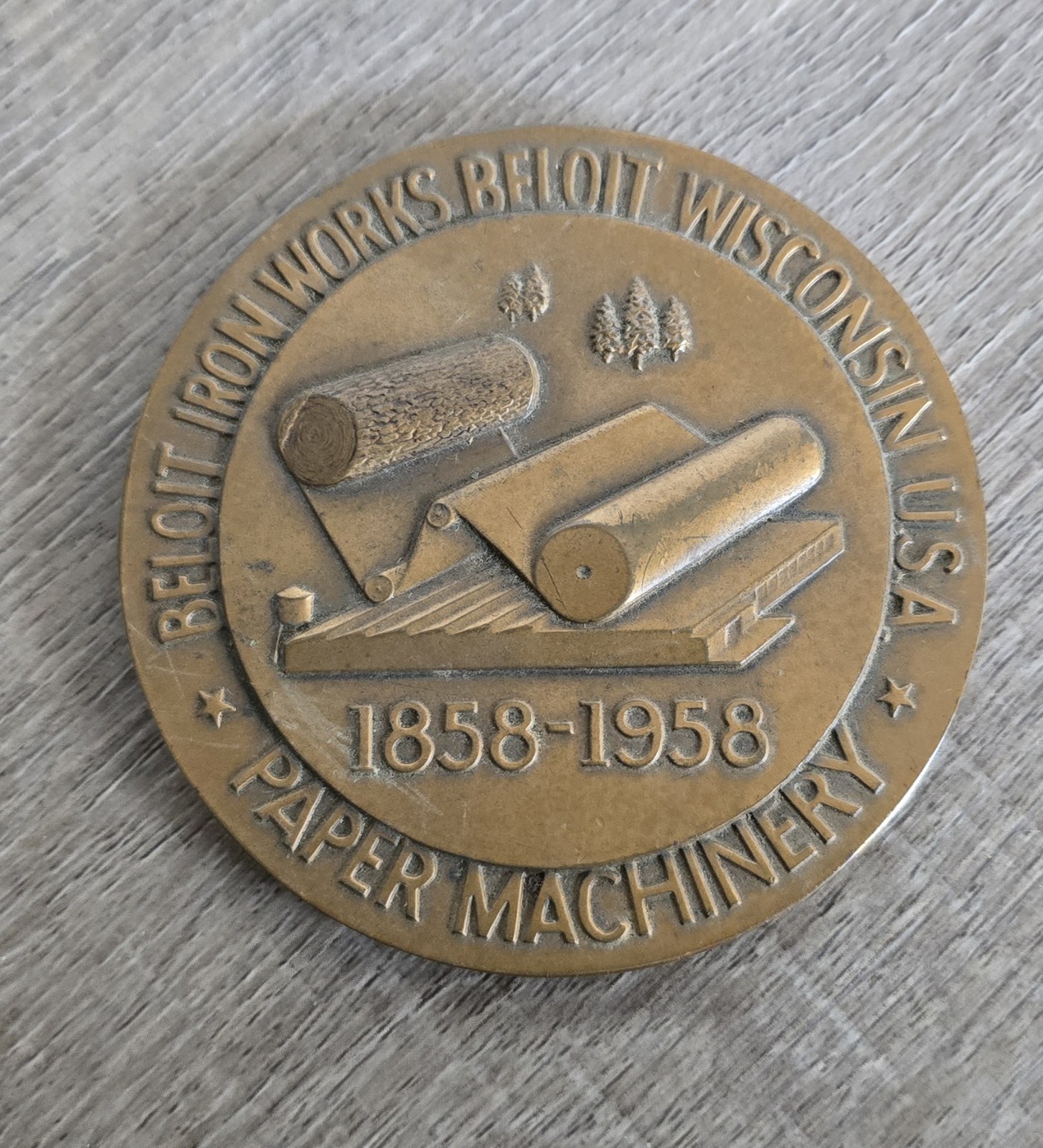 Vintage 1958 Beloit Iron Works Centennial Bronze-Tone Paper Machinery Medallion Vintage 1958 Beloit Iron Works Centennial Bronze-Tone Paper Machinery Medallion