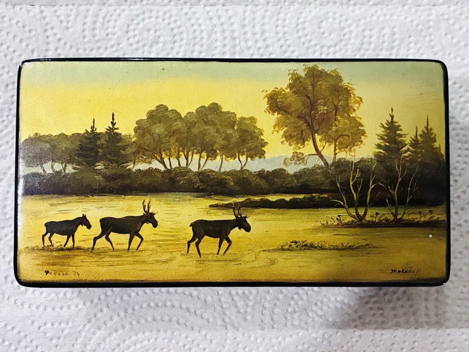 Russian Hand Painted Wooden Hinged Trinket Box Deer Landscape; Shades of Gold…