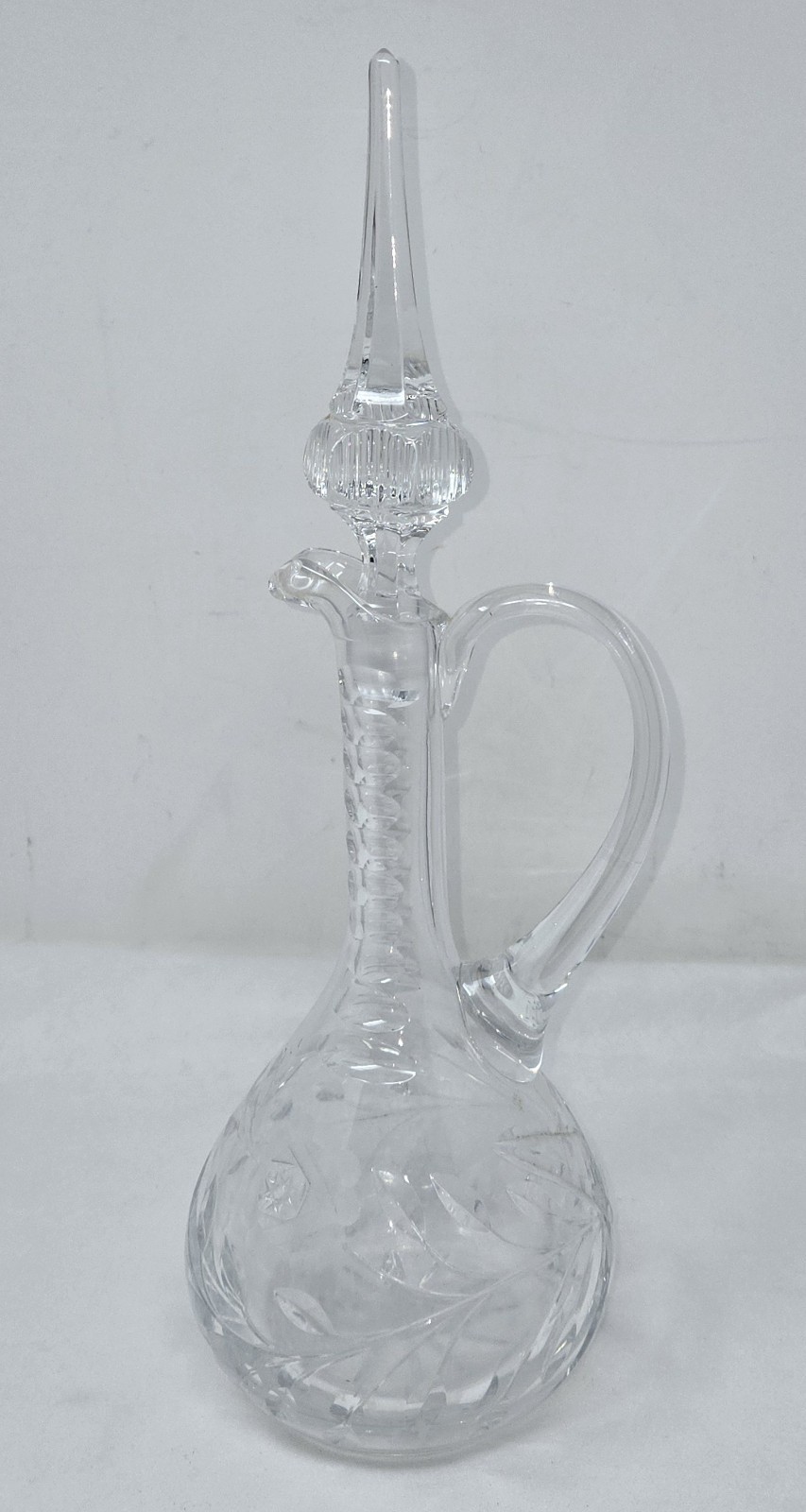 VINTAGE CUT GLASS CRYSTAL CRUET DECANTER FLORAL ETCHING TALL SPIRE STOPPER 16\