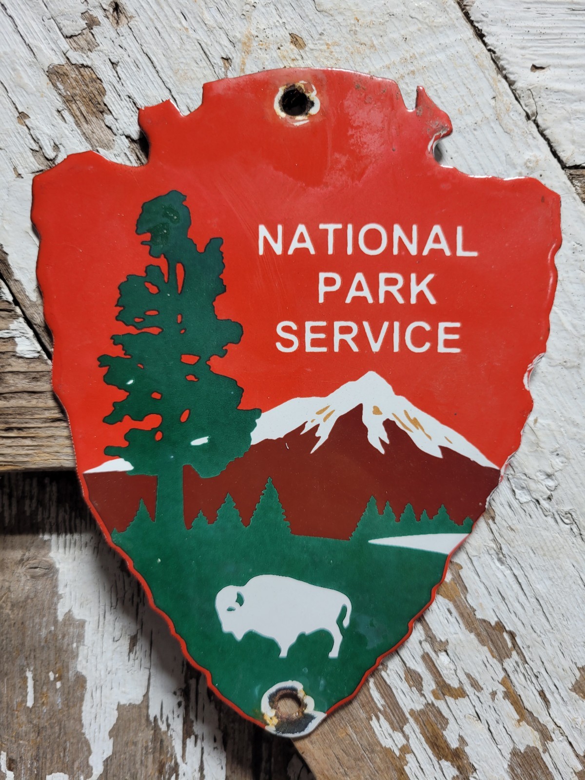 VINTAGE NATIONAL PARK SERVICE PORCELAIN SIGN OLD FOREST RANGER STATION ARROWHEAD