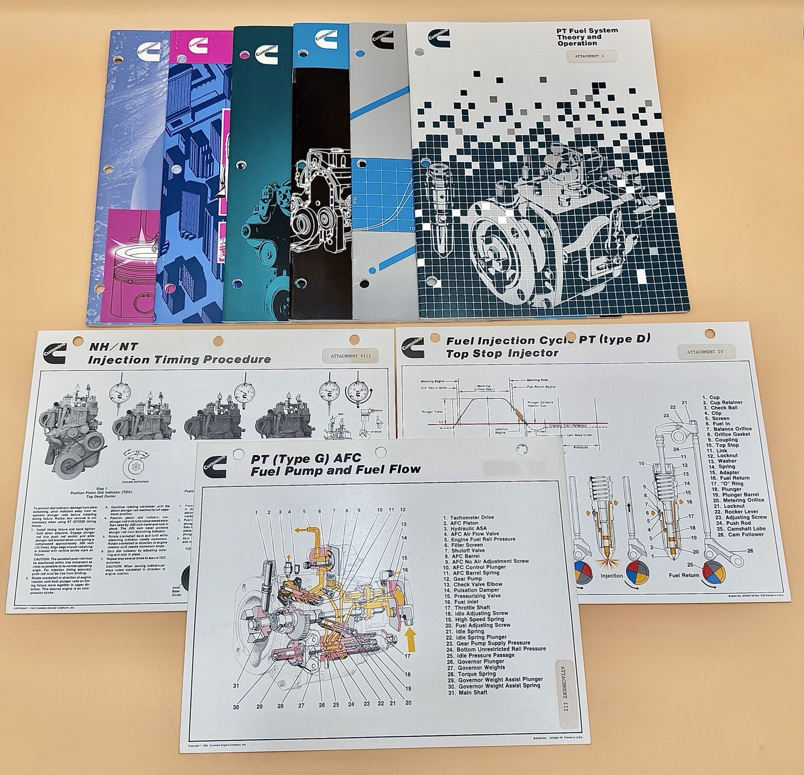 6 Vintage Cummins engine Technical Manuals w/ 3 Technical Charts & Binder