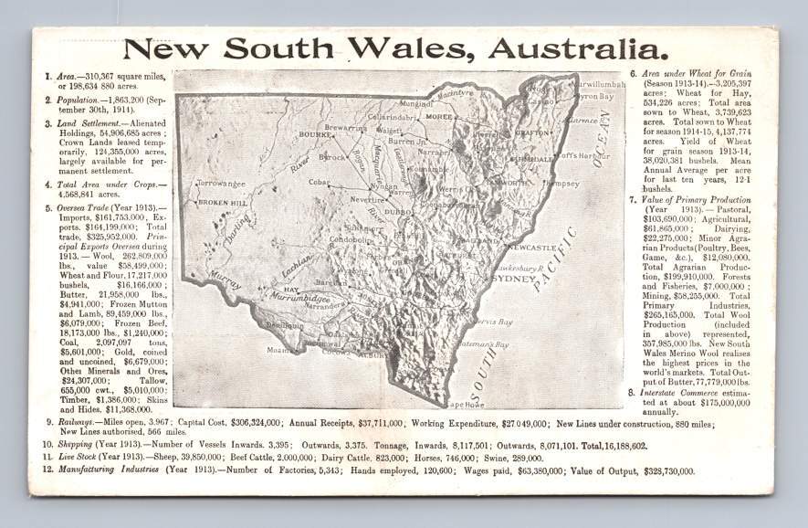 New South Wales Australia ~ Antique Department of Lands Map Postcard ~1910s