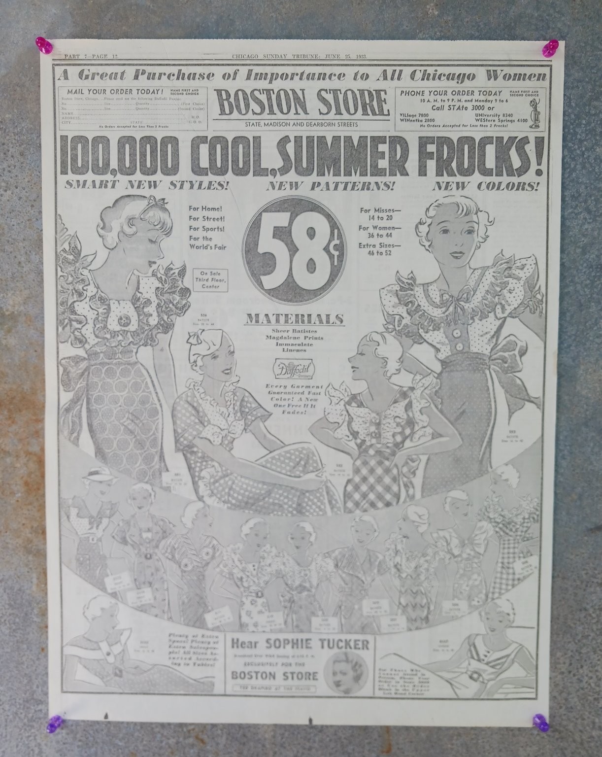 1933 Chicago Boston Store Summer Frocks Newspaper Ad Sophie Tucker WGN
