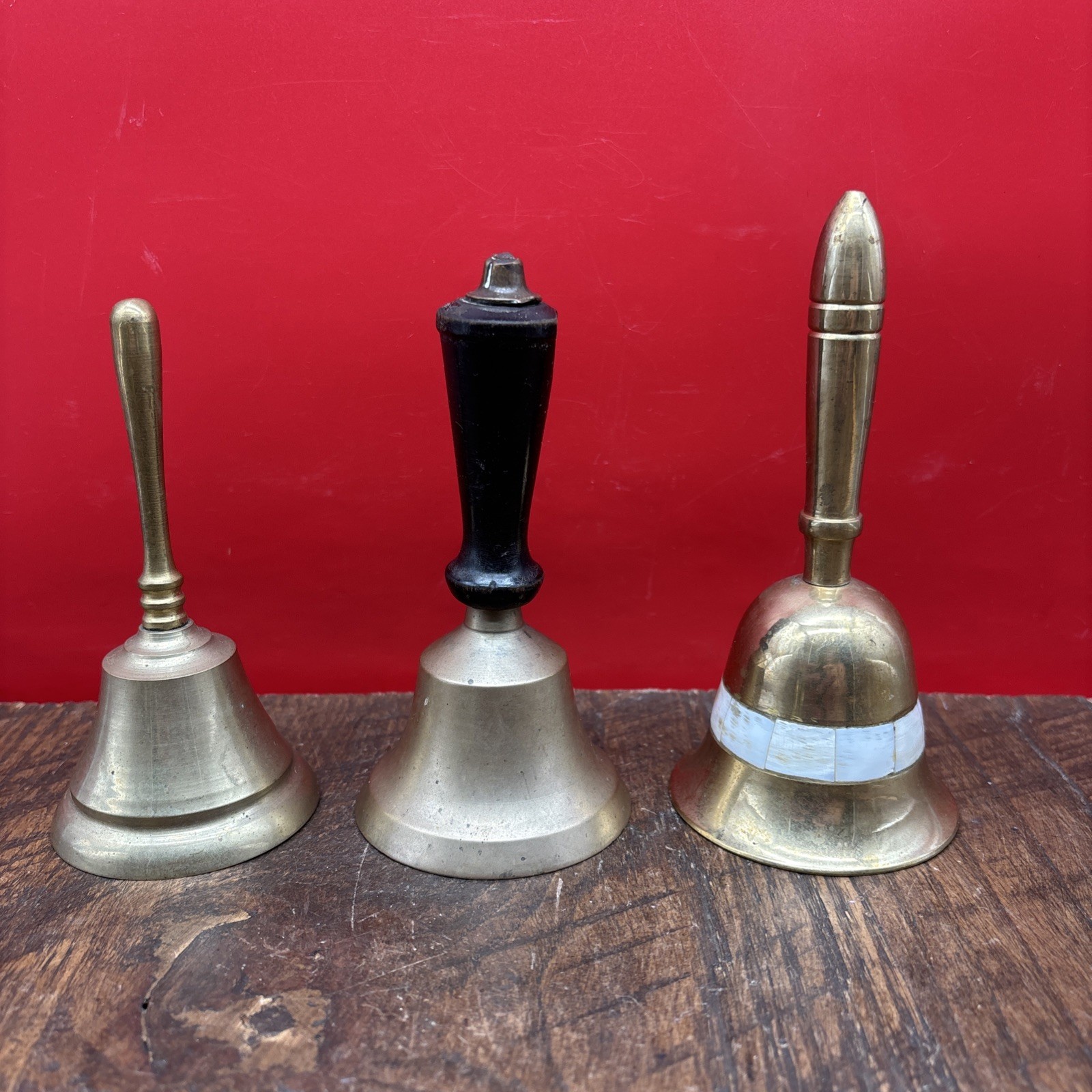 Lot of 3 Vintage Brass Hand Bells w/ Handles 5.75”X 4.5” Lot of 3 Vintage Brass Hand Bells w/ Handles 5.75”X 4.5”