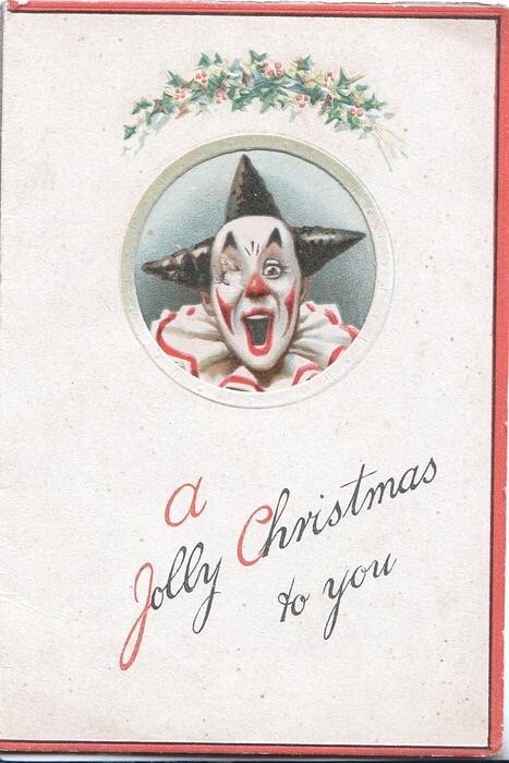 Clown, Pierrot, or Jester, Tuck Christmas card circa 1920 Clown, Pierrot, or Jester, Tuck Christmas card circa 1920