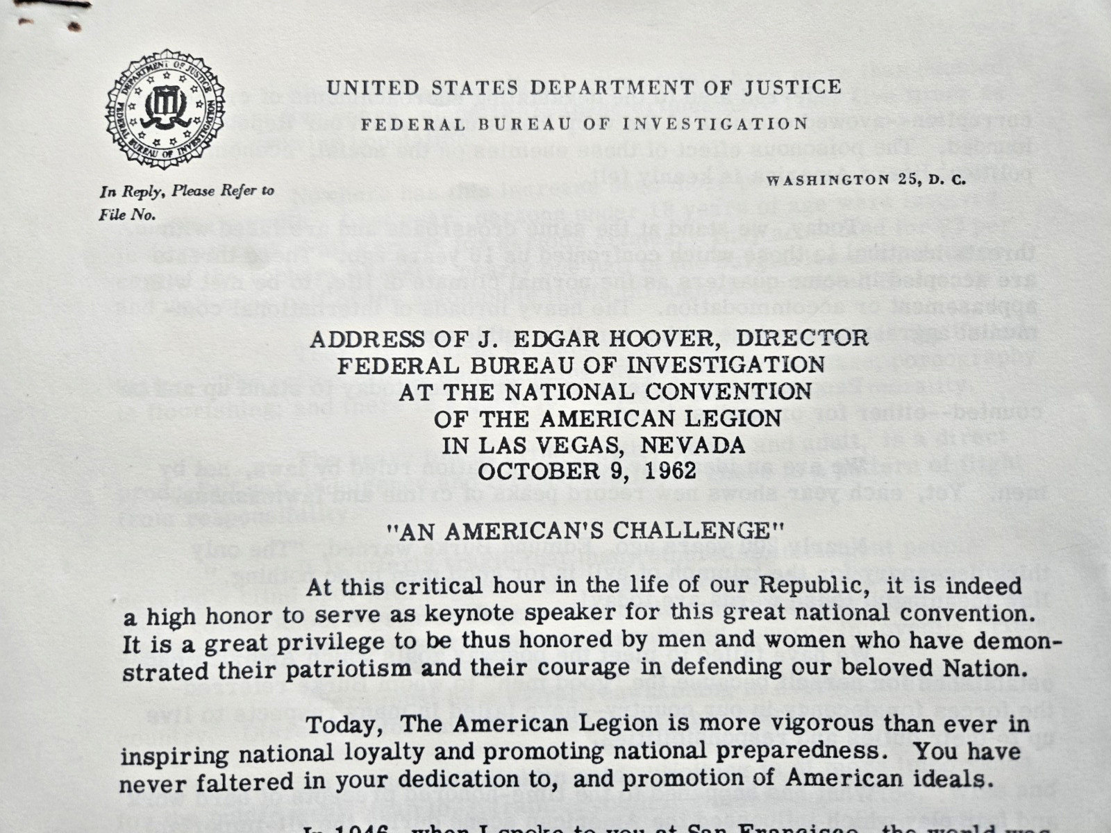 Original 1962 FBI Press Release J. Edgar Hoover Speech Red Scare Communism