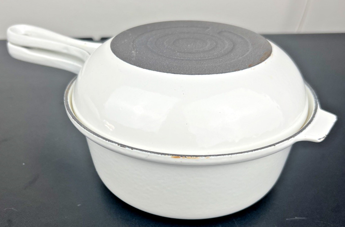 Vintage Le Creuset Cast Iron Enameled White Frying Pan Skillet #18 France 2-in-1