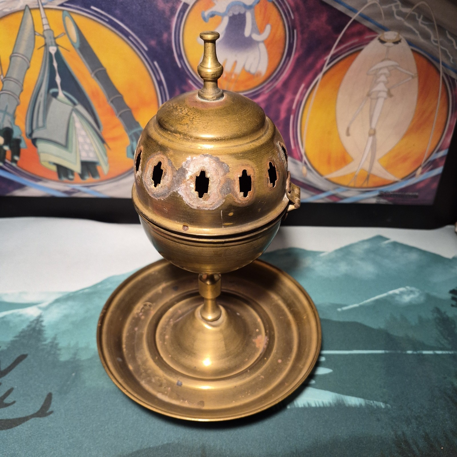Vintage Brass Incense Burner Censer Hinged Lid Pedestal Pierced Bakhoor 10.5\