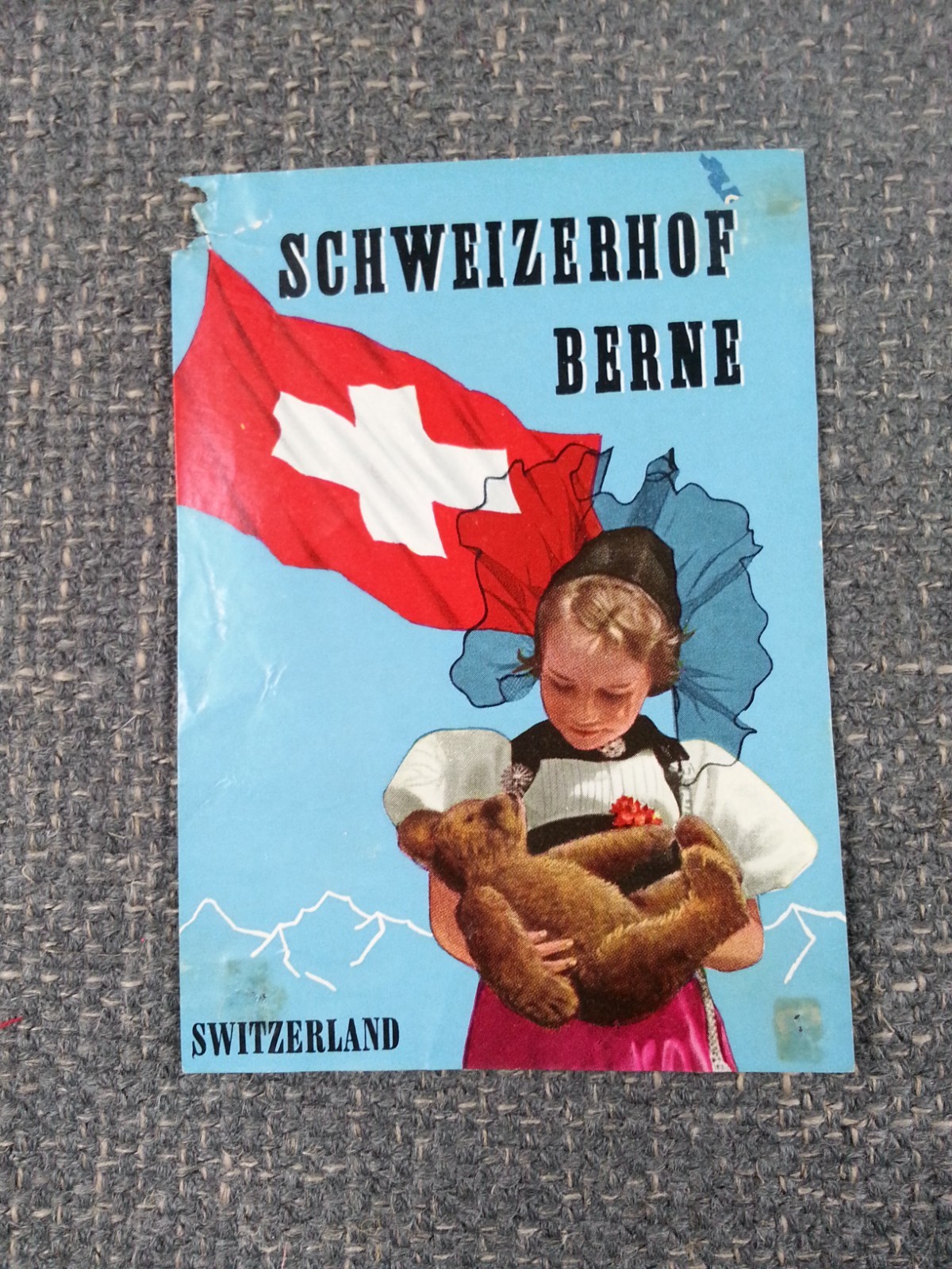 Original Vtg 1950s Luggage Hotel Tag Label Schweizerhof Berne Switzerland As-is