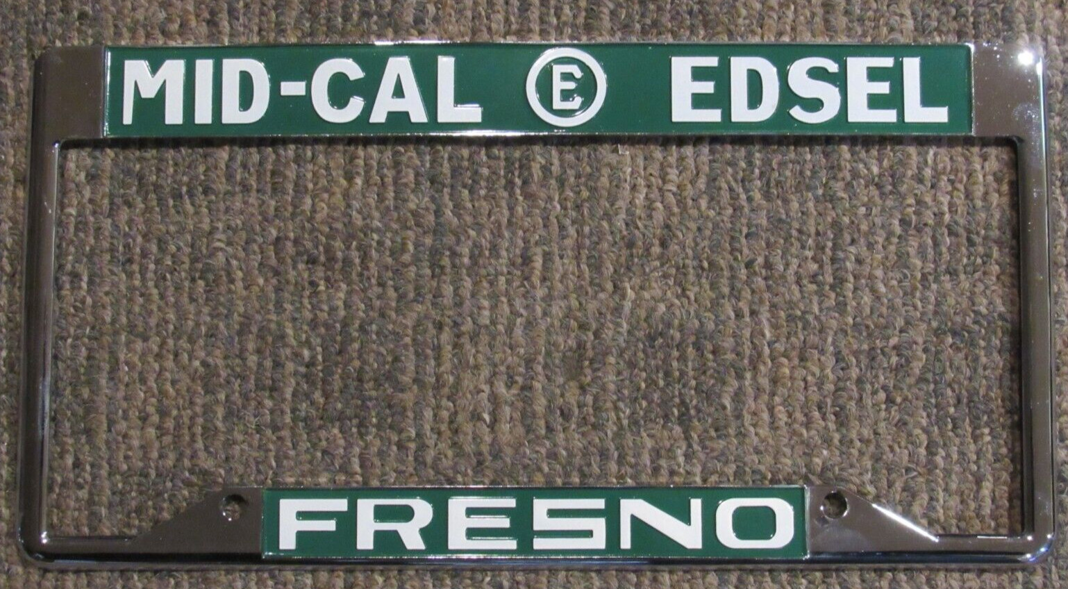 NEW Fresno Mid-Cal Edsel License Plate Frame Embossed Metal Deco Cool Chrome