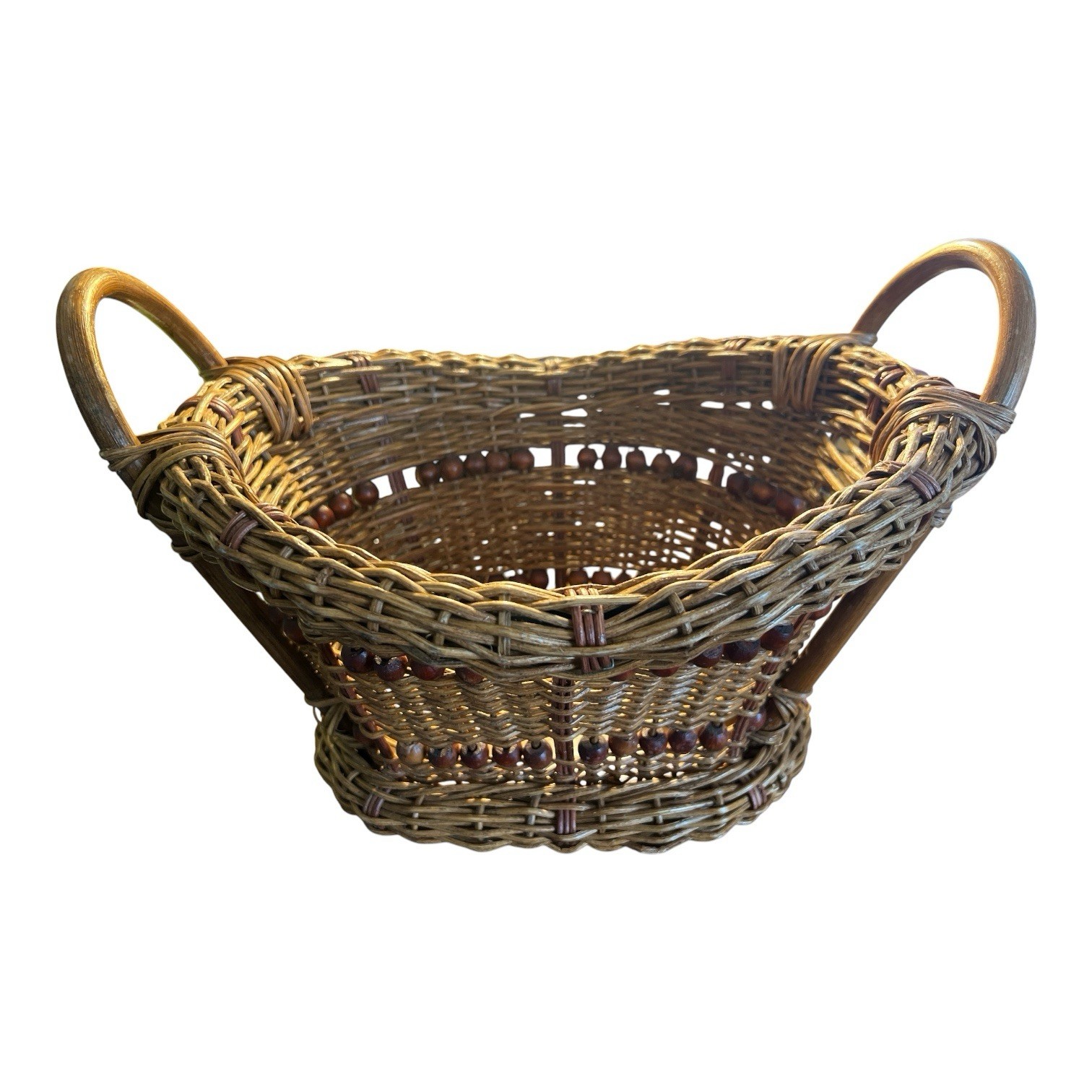 Handwoven VTG Wicker Storage Basket with two handles and wood beads & base 1970s Handwoven VTG Wicker Storage Basket with two handles and wood beads & base 1970s
