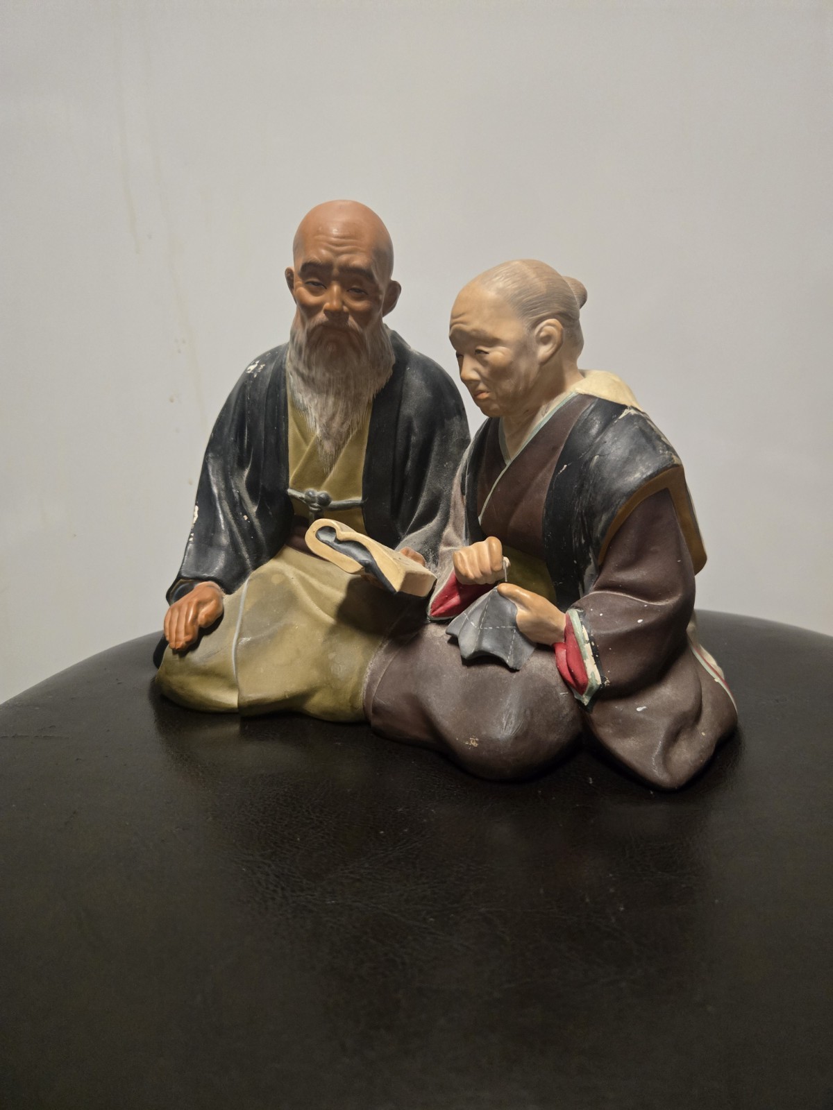 Vintage Japanese Hakata Urasaki Ceramic Famous Old Couple (Reading Book, Sewing) Vintage Japanese Hakata Urasaki Ceramic Famous Old Couple (Reading Book, Sewing)