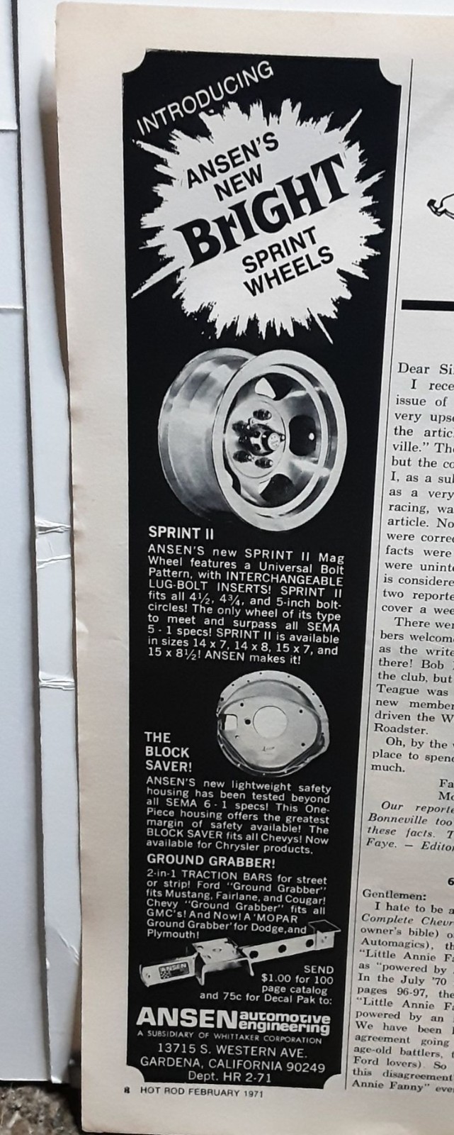 1971 Ansen Sprint Wheels Racing Small Vintage Print Ad 1971 Ansen Sprint Wheels Racing Small Vintage Print Ad