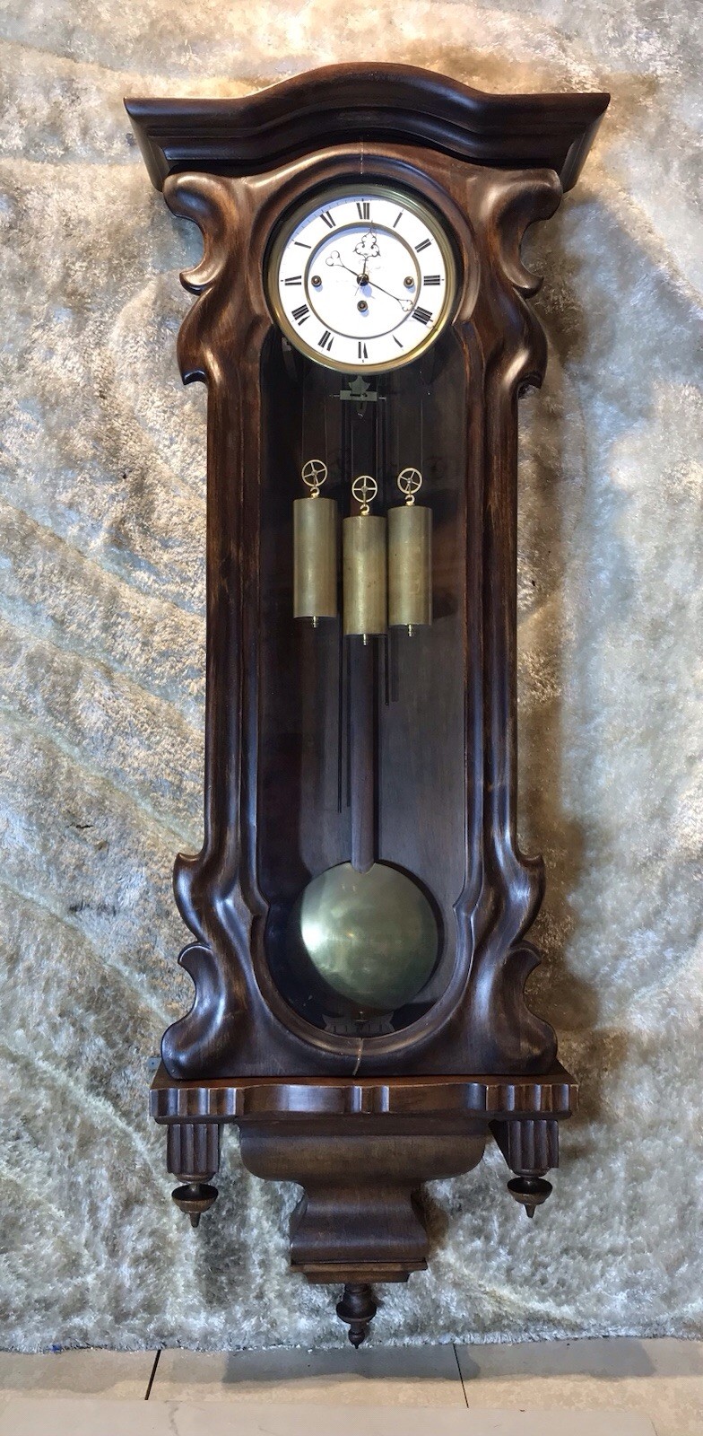 Antique Germany Striking Vienna Clock,3 Brass Weights,Walnut Case