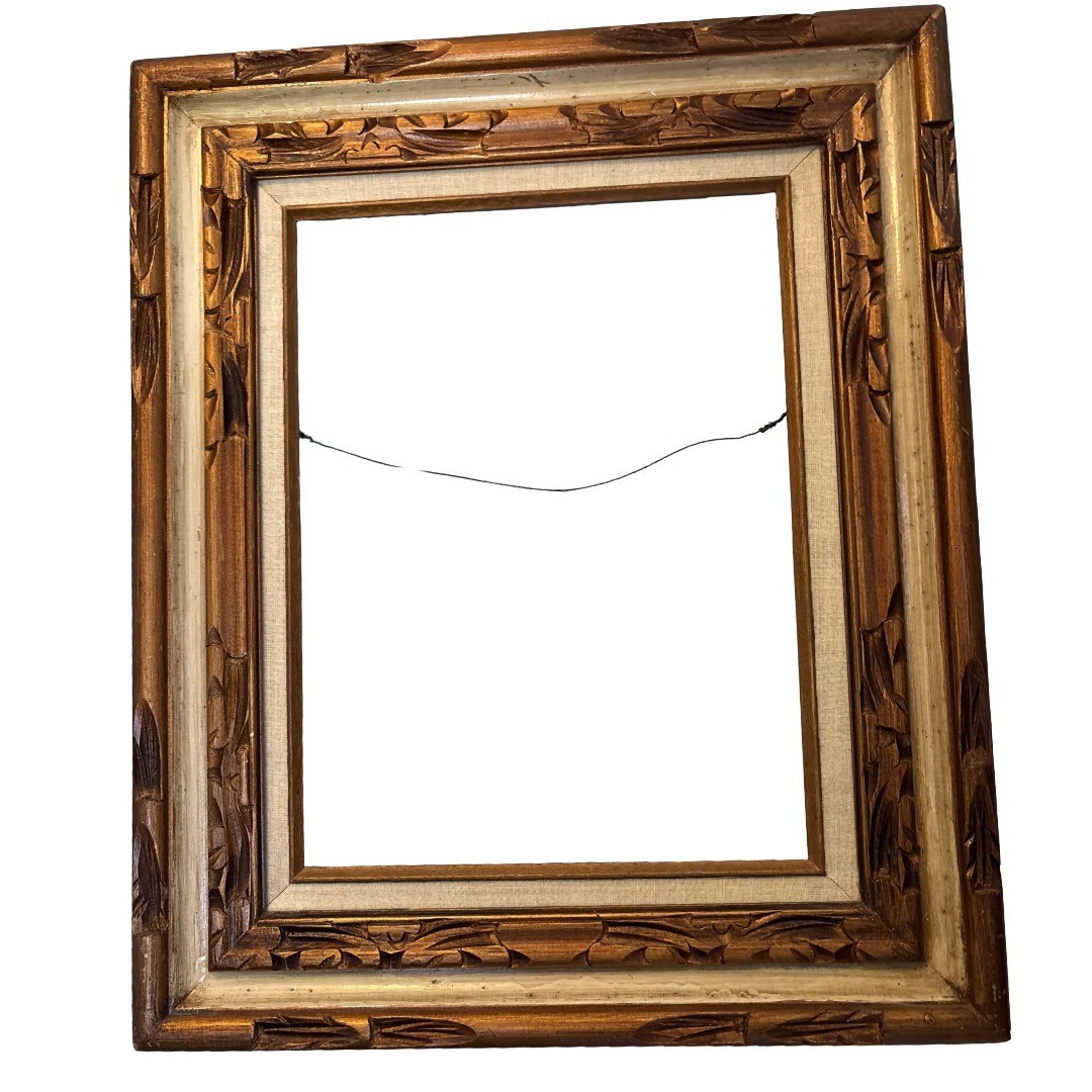 Vintage Mid Century Mexico Carved Wood Picture Frame Bronze Linen 19x23