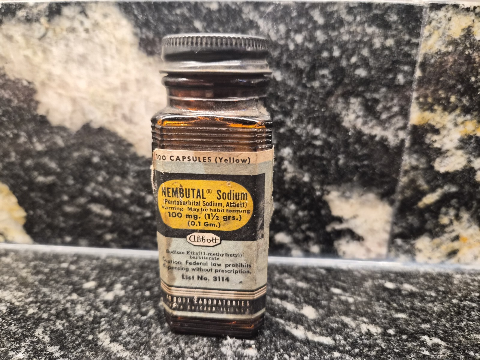 1950s Vintage Amber Glass Pharmaceutical Bottle