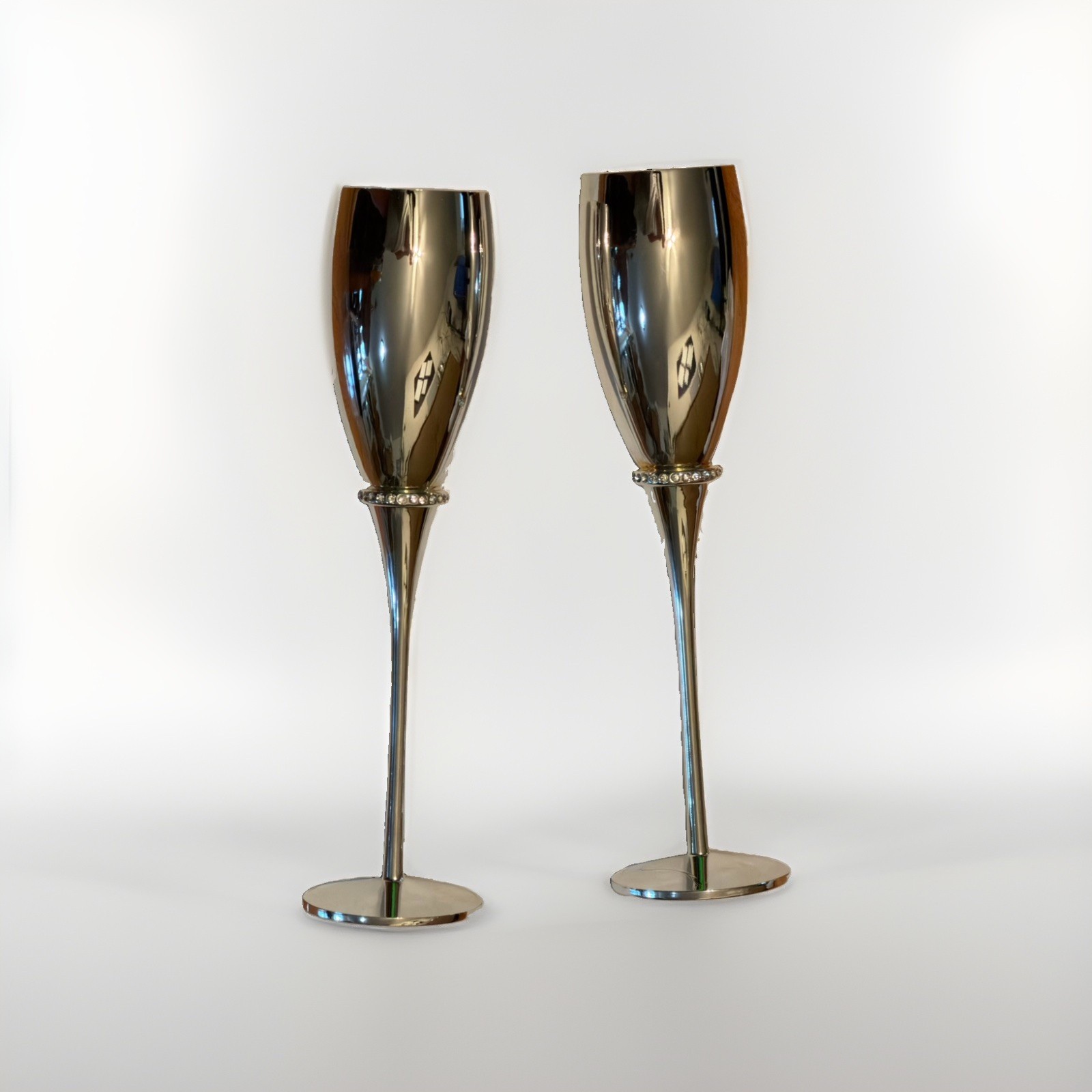 Nordstrom at Home Silver Mirror Champagne Toasting Flutes Crystal Collar Pair