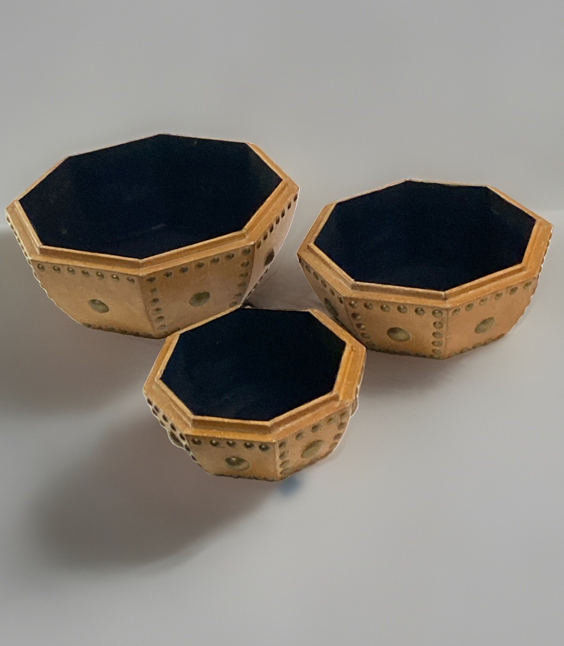 Set 3 Vintage Wooden Studded Octagonal Bowl Black Velvet Lining