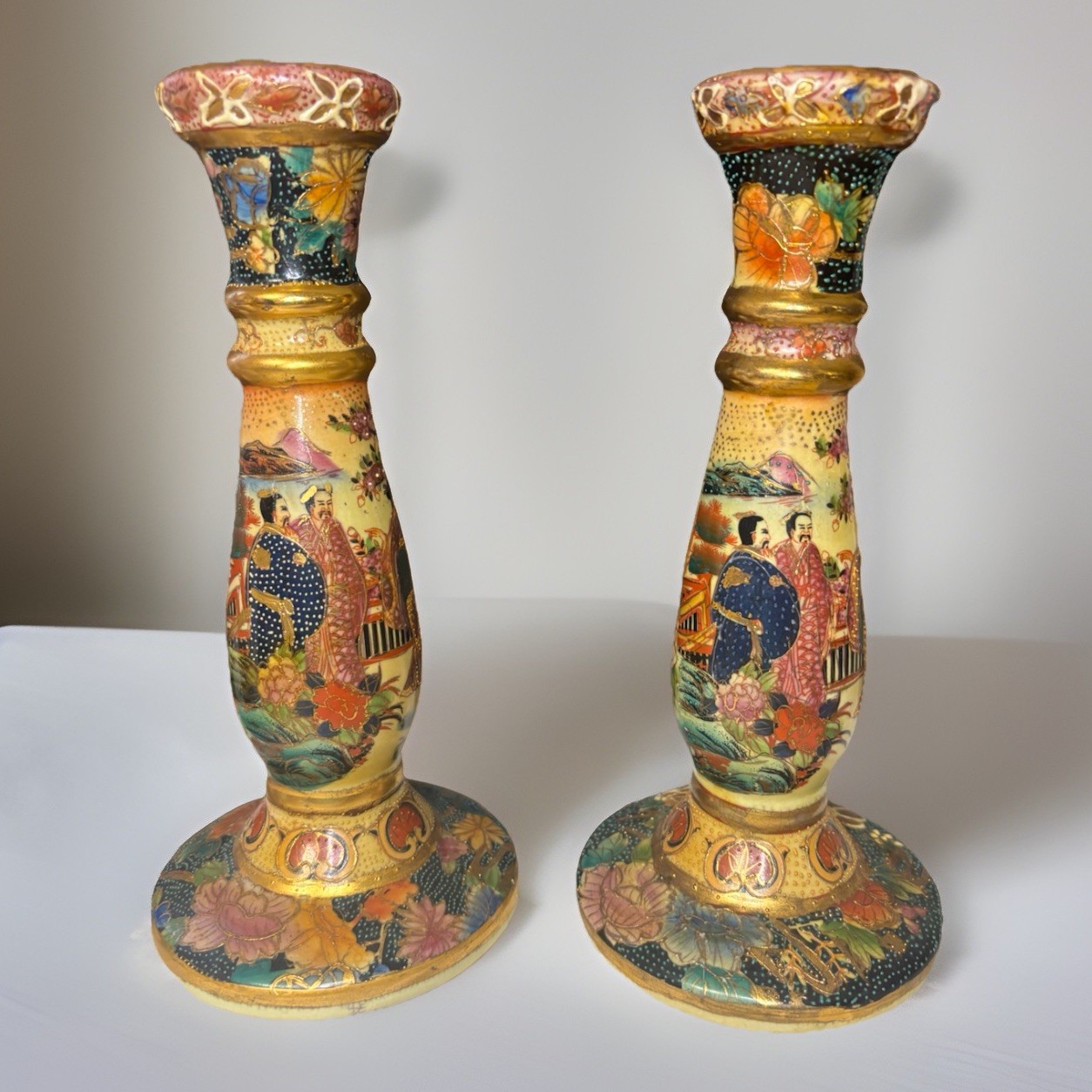 Vintage Royal Satsuma Japanese Hand Painted Porcelain Candle Holders Moriage 2 Vintage Royal Satsuma Japanese Hand Painted Porcelain Candle Holders Moriage 2
