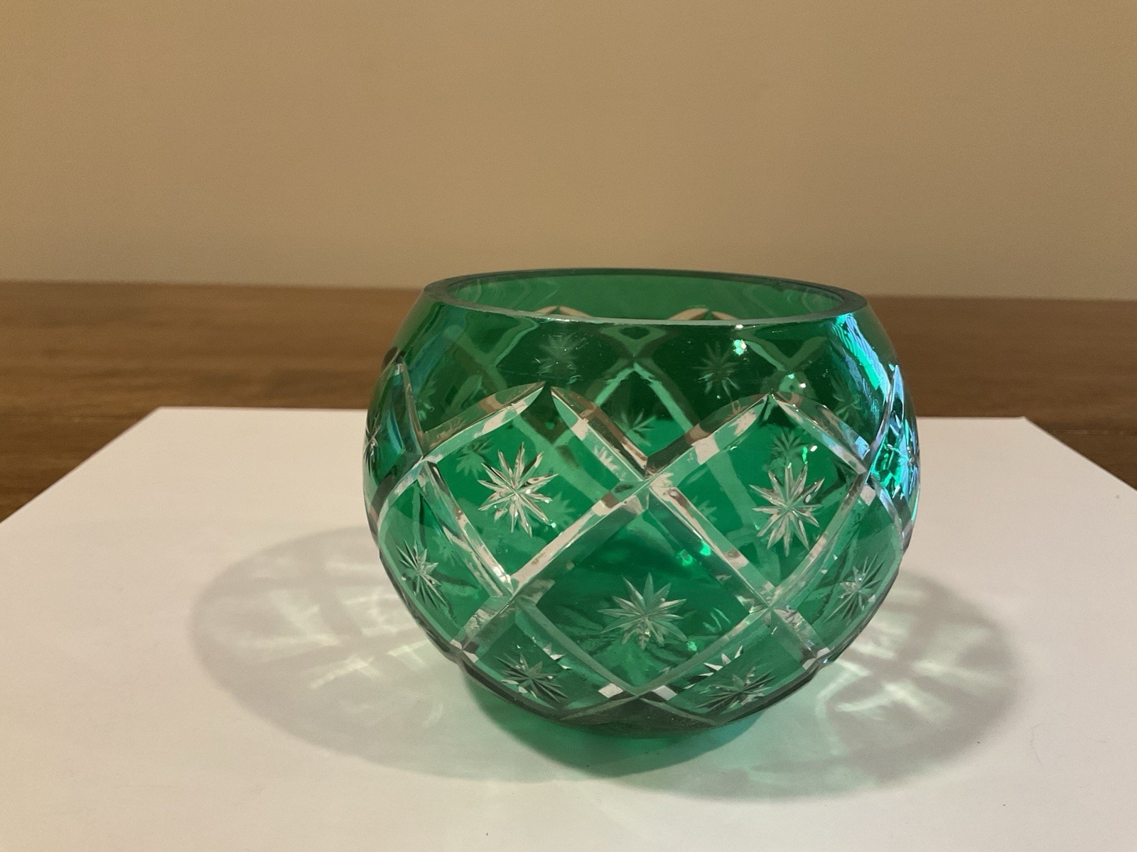 Vintage Bohemian Emerald Green Cut to Clear Crystal Votive Candle Holder