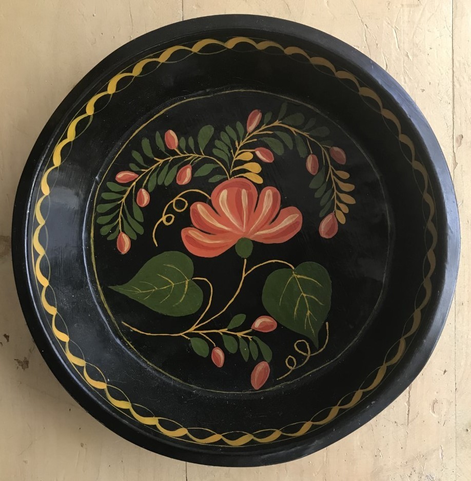 Vintage Hand‑Painted Toleware Metal Bowl – Folk Art Floral – 13½\