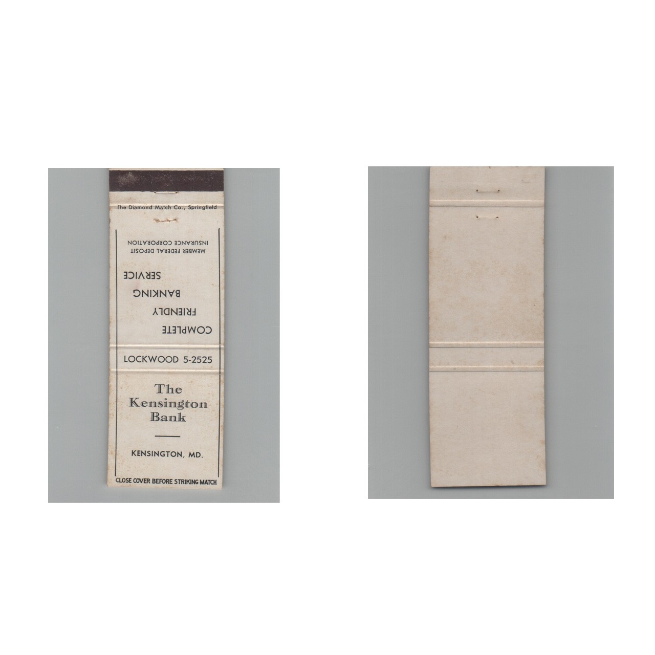 Matchbook Cover The Kensington Bank Kensington MD
