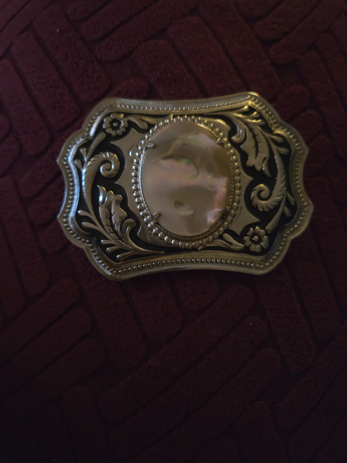 Vintage Western Silver Tone Belt Buckle Floral Scroll Abalone Cabochon 3.5\