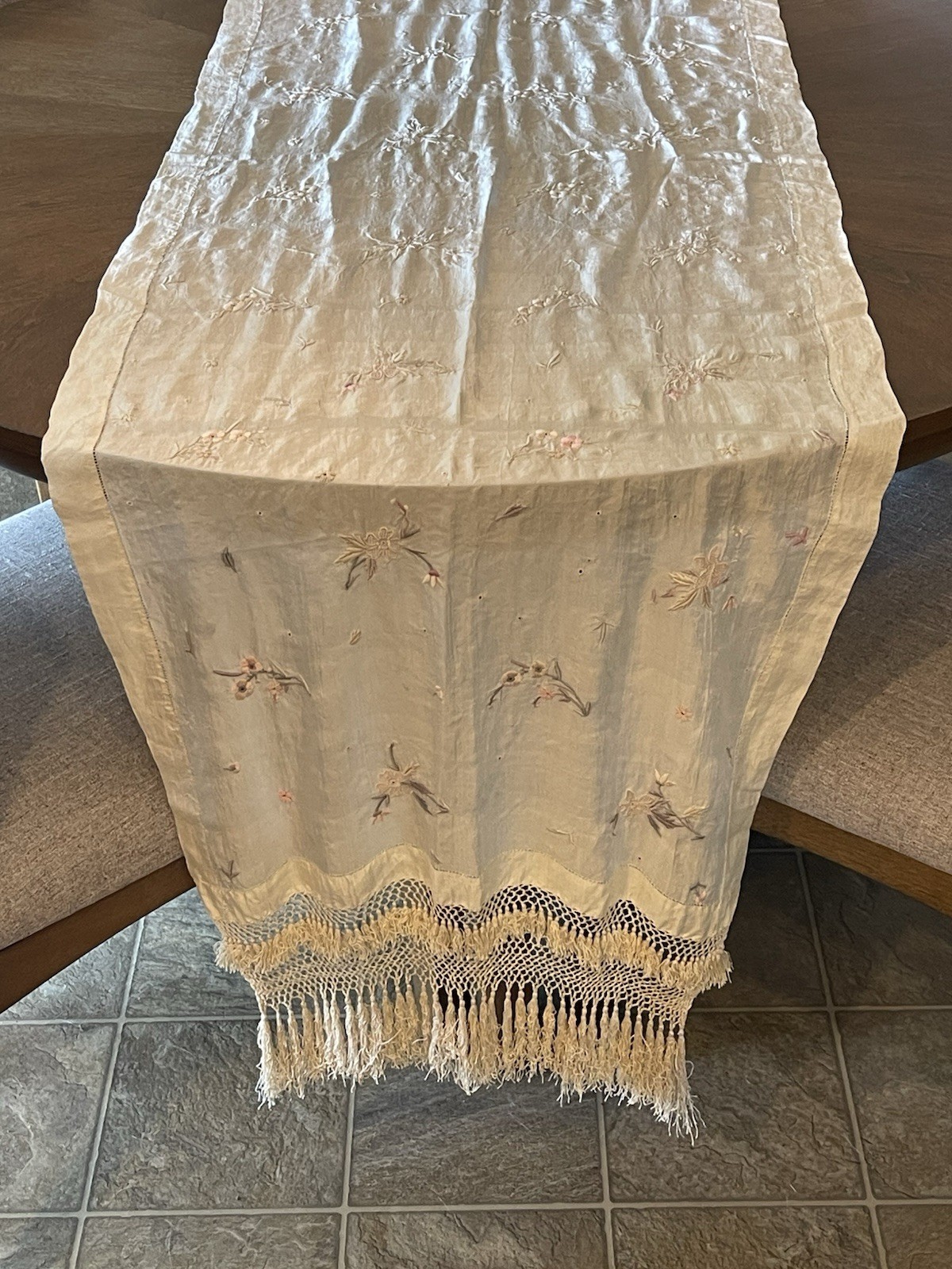 Vintage Genuine Silk Hand Embroidered Piano Scarf Table Runner Long Fringe 22x84 Vintage Genuine Silk Hand Embroidered Piano Scarf Table Runner Long Fringe 22x84