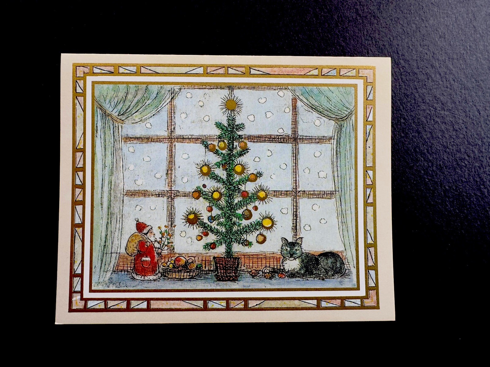 1 VTG Ursula Arndt Caspari Xmas Greeting Card Santa & Cat Kitten By Rustic Tree