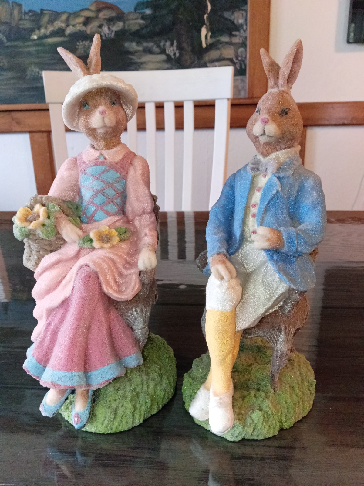 Pair Of Decorative Resin Easter Rabbit Figurines