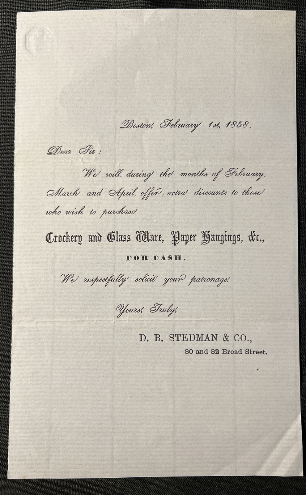 Antique 1858 BOSTON Mass D.B. Stedman & Co. Letter Crockery Glass Ware Paper