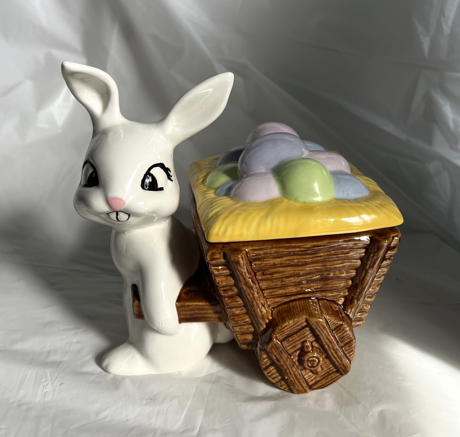 Vintage Ceramic Easter Bunny Decoration Holding Cart With Eggs 6