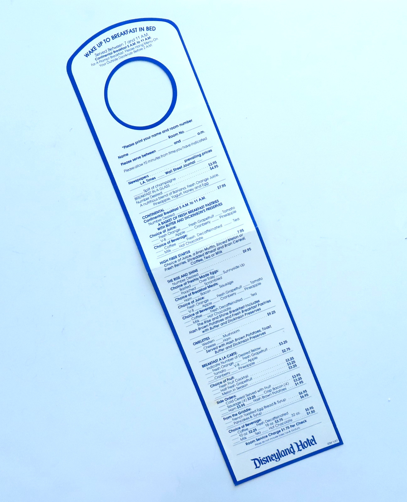 Disneyland Hotel Door Hanger Vintage 80s Breakfast Menu Room Service Travel CA Disneyland Hotel Door Hanger Vintage 80s Breakfast Menu Room Service Travel CA