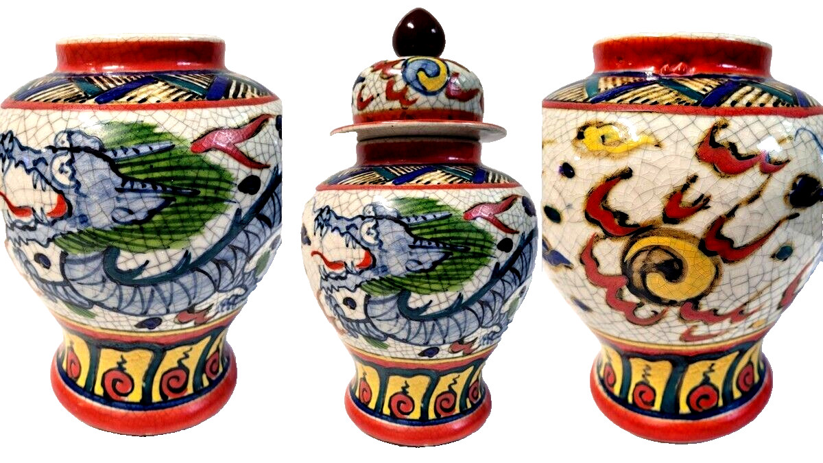 Chinese Dragon Flaming Pearl Ginger Jar WUCAI Enamels Ge Crackle Glaze 20th Cent Chinese Dragon Flaming Pearl Ginger Jar WUCAI Enamels Ge Crackle Glaze 20th Cent
