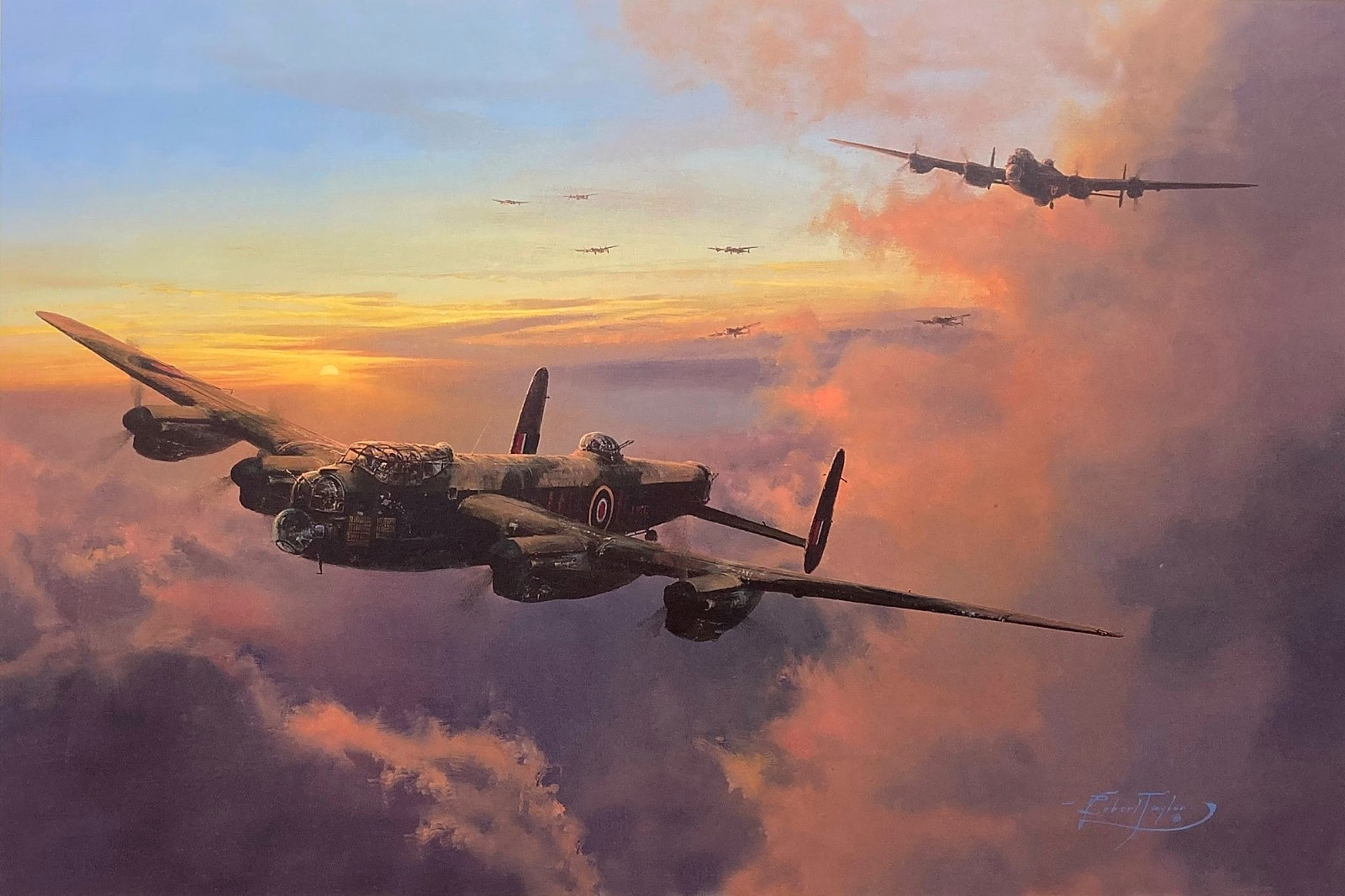 Towards Night's Darkness by Robert Taylor art print signed by 6 RABomber Aircrew