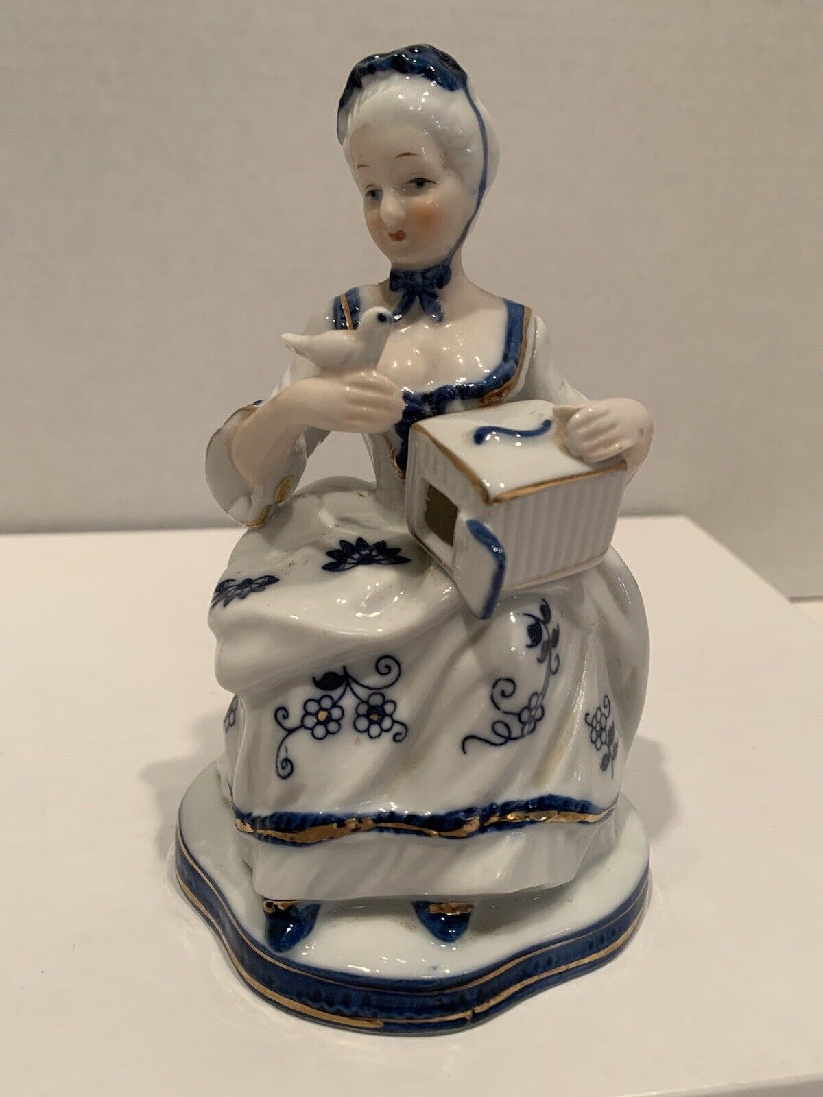 KPM Porcelain Figurine Victorian Lady w/ Bird & Box 4950 Japan Cobalt Blue 5.5\