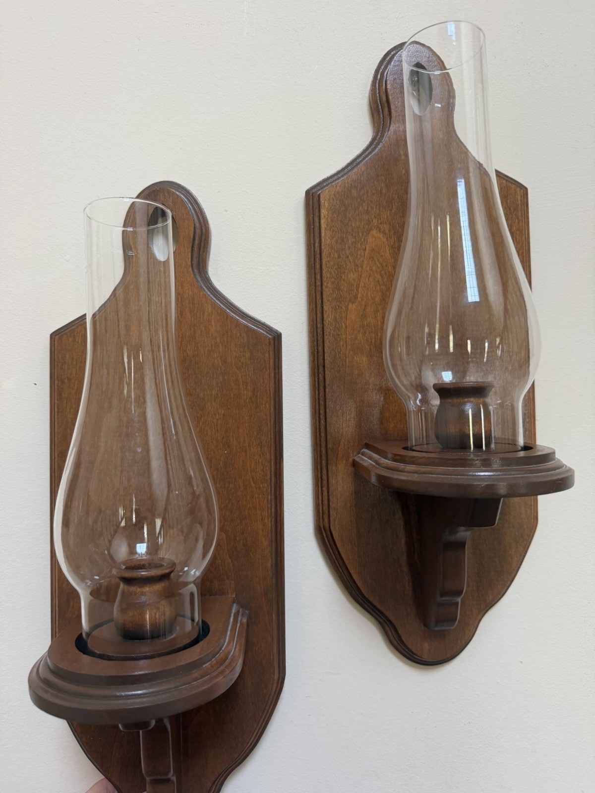VTG Pair Colonial Wood Wall Candle Sconces Hurricane Glass Chimney Handmade Plus