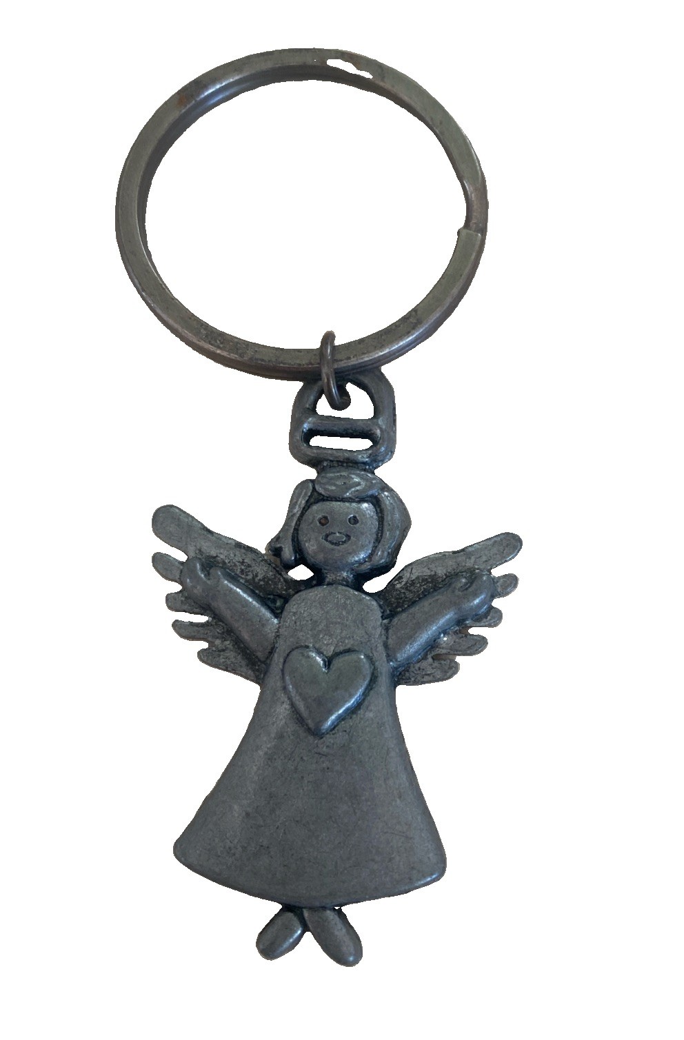 Vintage Pewter Guardian Angel Keychain Embossed Heart