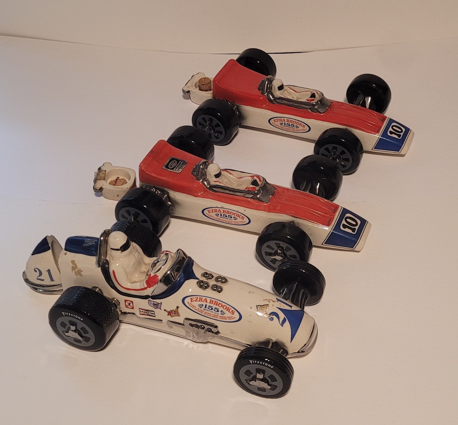 Lot Of 3 1970 1971 Vintage Ezra Brooks Race Car Whiskey Decanters Empty No 10 21