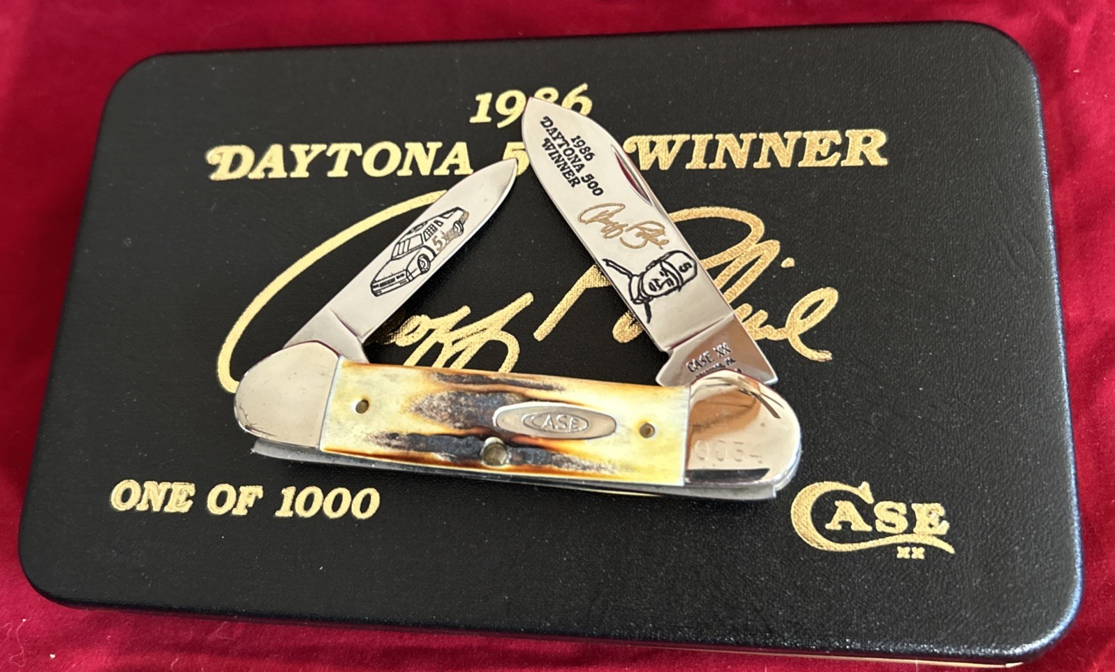 CASE XX USA 1990 GEOFF BODINE NASCAR BURNT STAG CANOE KNIFE 52131 SS #0034/1000