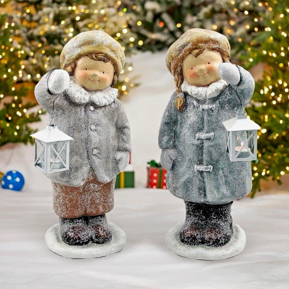 Zaer Ltd. Tushkas Boy & Girl Lantern Christmas Figurines Set of 2 Resin 12