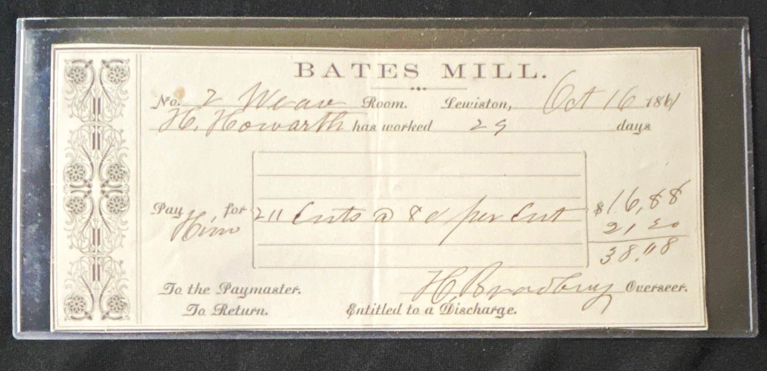 Bates Mill - Lewiston, ME Civil War Era Weaver Pay Check Dated Oct 1861 Bates Mill - Lewiston, ME Civil War Era Weaver Pay Check Dated Oct 1861