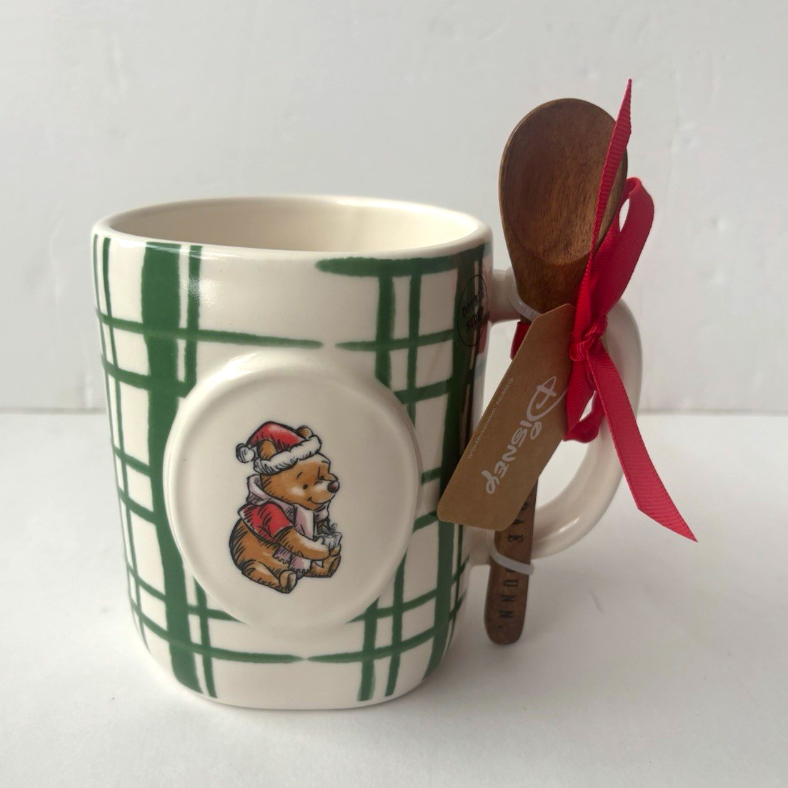 Disney Rae Dunn Winnie the Pooh 100 Years Christmas Mug Plaid w/ Wooden Spoon Disney Rae Dunn Winnie the Pooh 100 Years Christmas Mug Plaid w/ Wooden Spoon