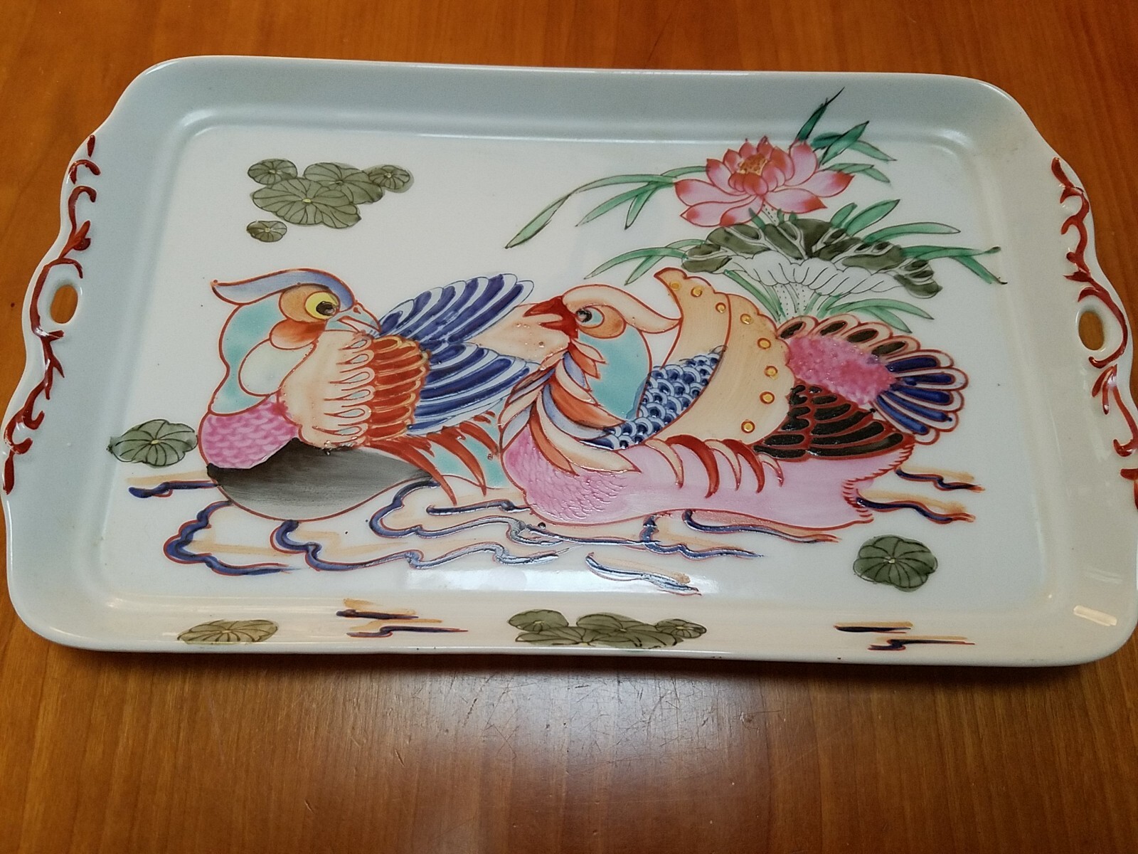 Vtg Artfield Ceramic Tray Mandarin Ducks Longevity Chop Mark 11 X 6.5 Macau