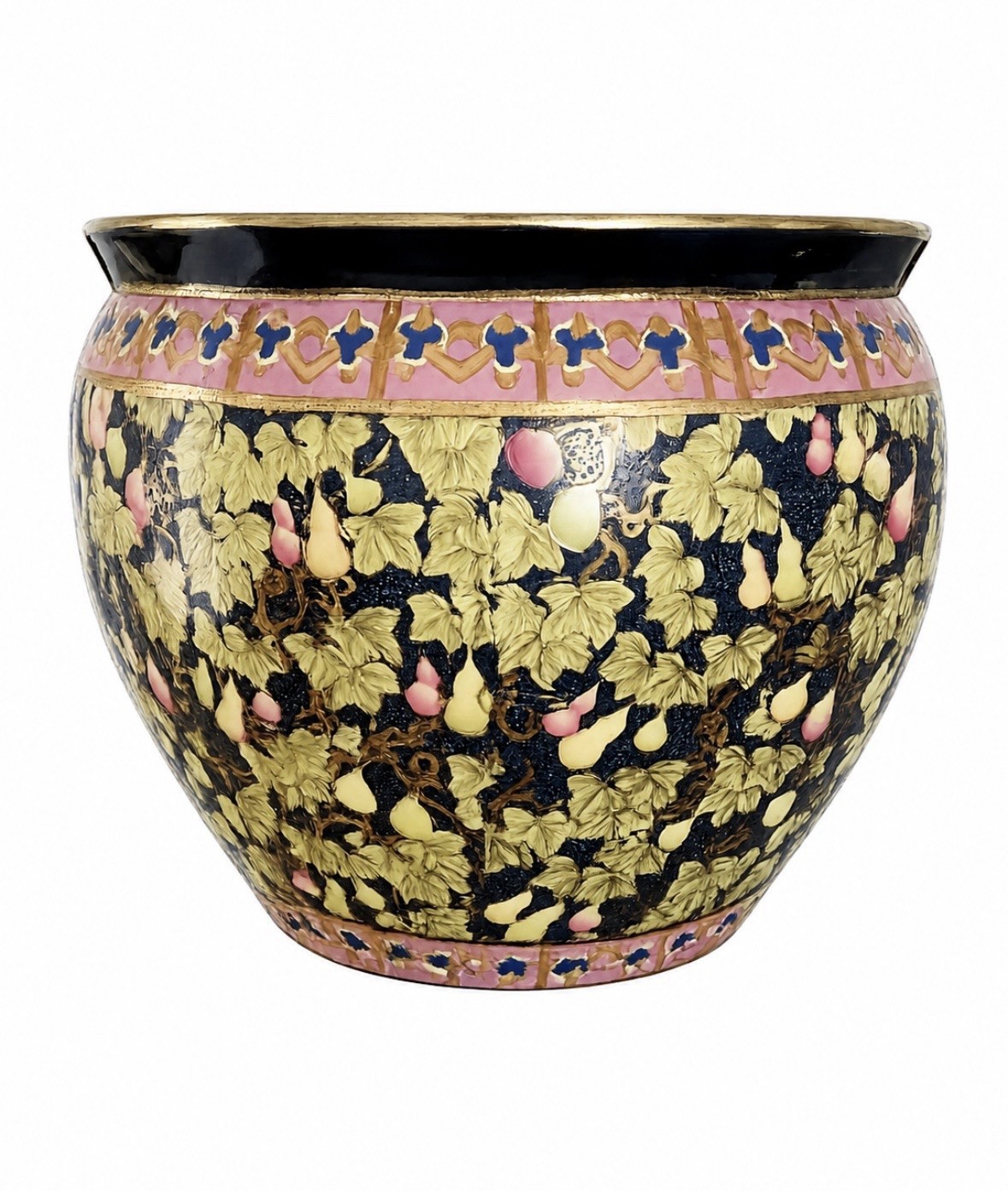 Vintage Ornate Heavily Enameled Black Gold Pink Koi Fish Bowl Asian Planter Pot