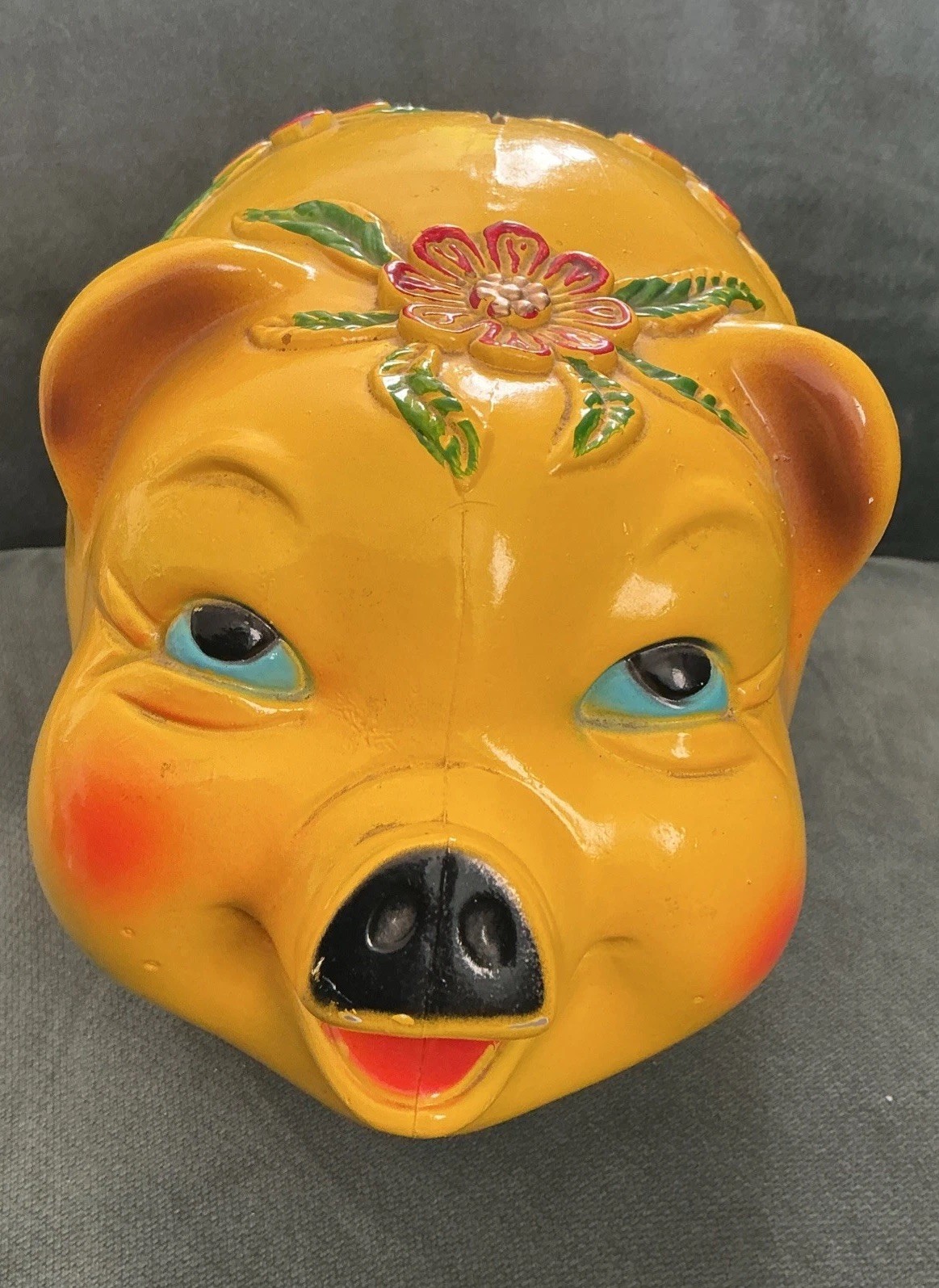 Vintage Silvestri Bros Yellow Piggy Bank Floral Design 10” - No Stopper Vintage Silvestri Bros Yellow Piggy Bank Floral Design 10” - No Stopper